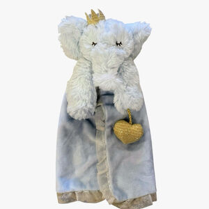 Mud Pie Elephant Prince Lovey Crown Gold Heart Dangle Satin Security Blanket Blu